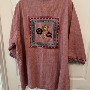 Liz & Me 3x red 3/4 sleeve cotton floral embroidered button down